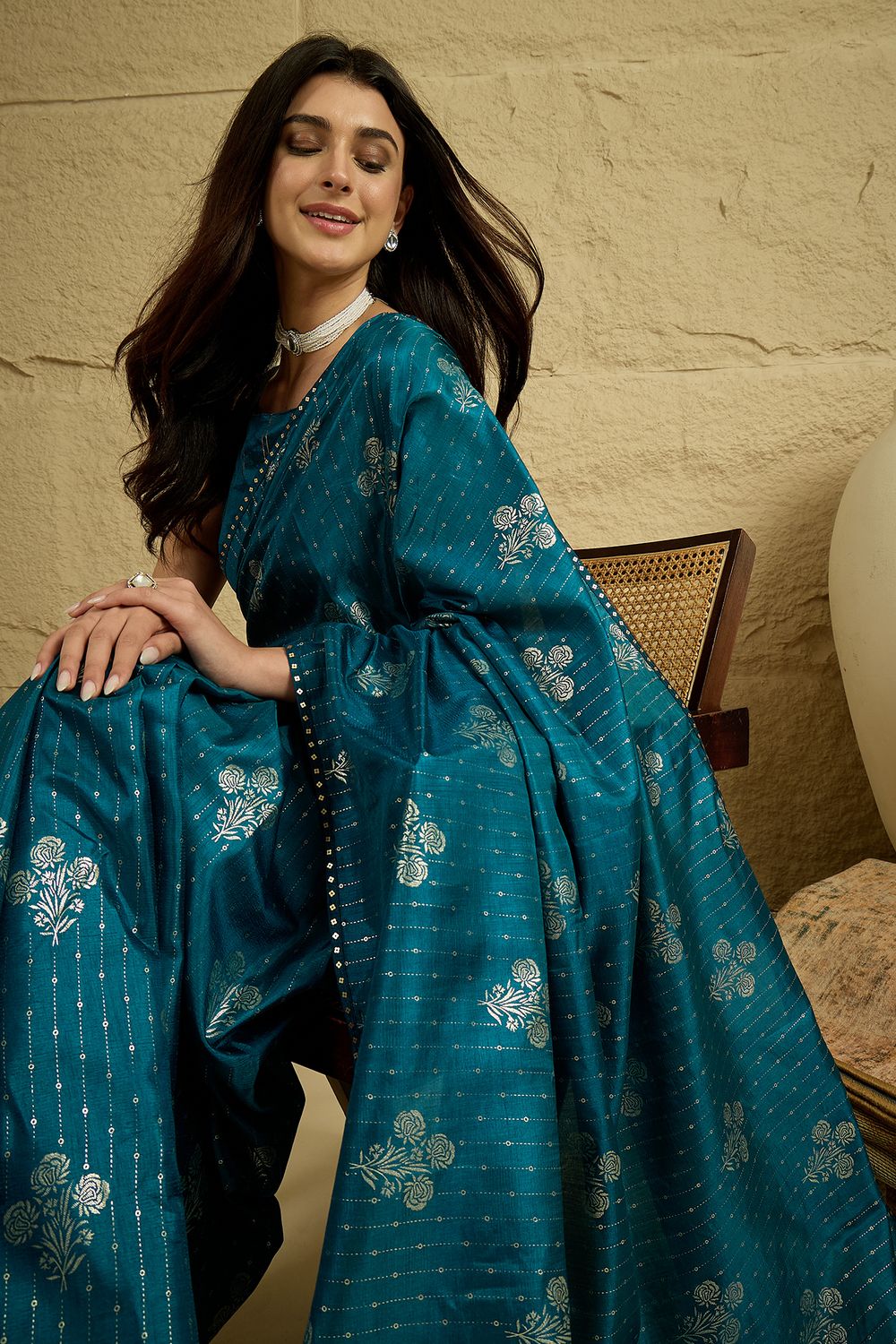Aria Teal Blue Georgette Floral Woven Ready To Wear Saree
