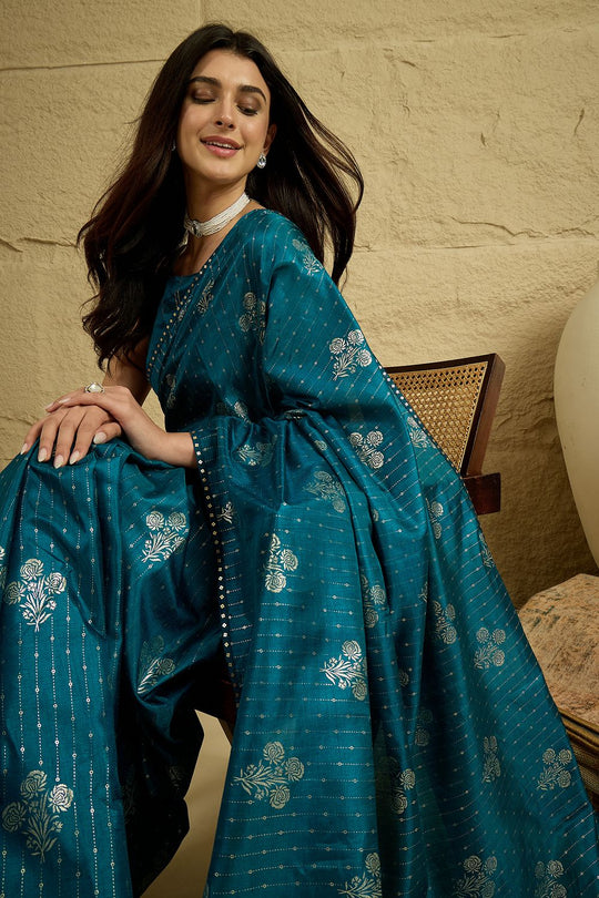 Aria Teal Blue Georgette Floral Woven Ready To Wear Saree