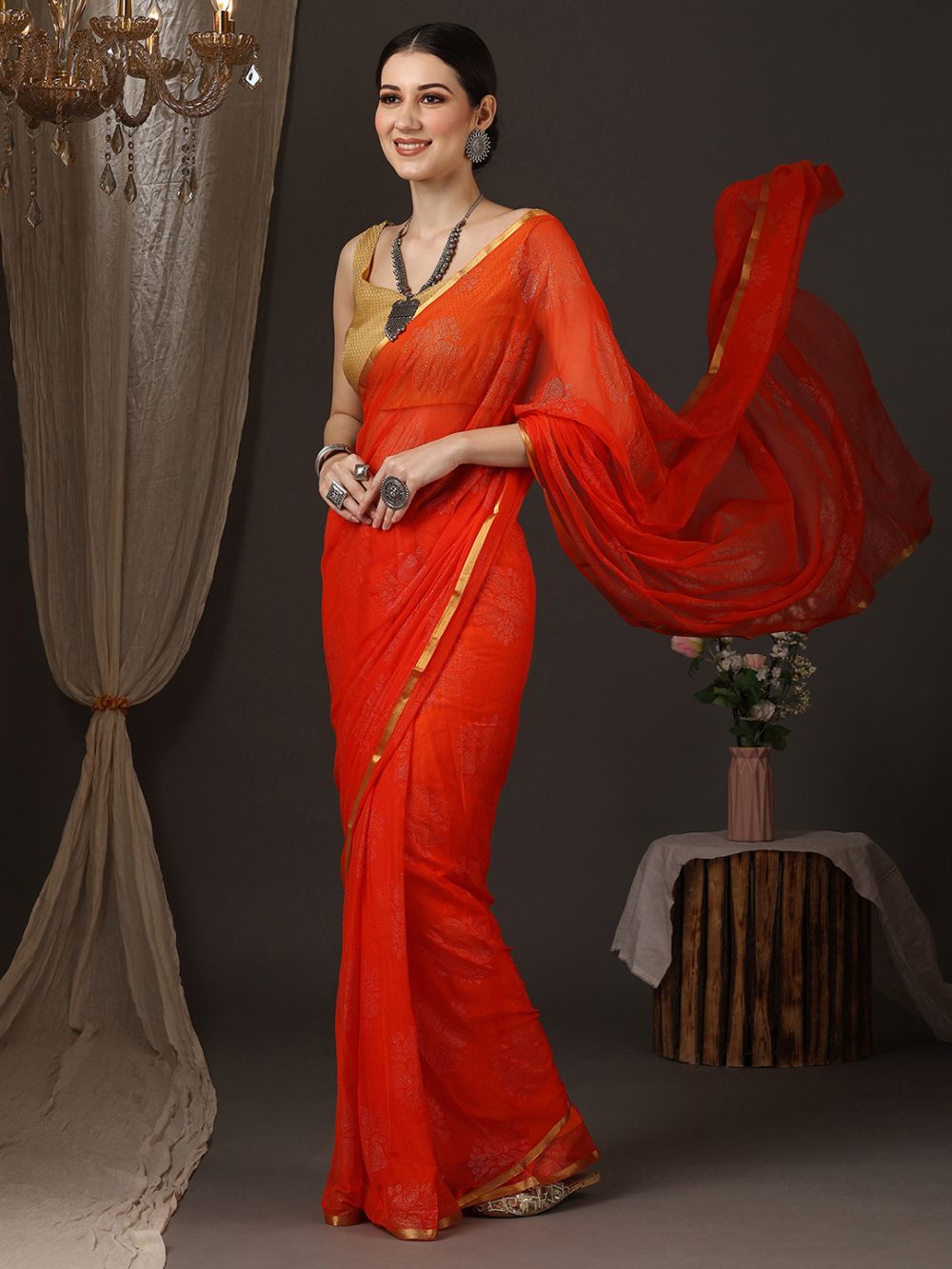 Dolly Orange Chiffon Lace One Minute Saree