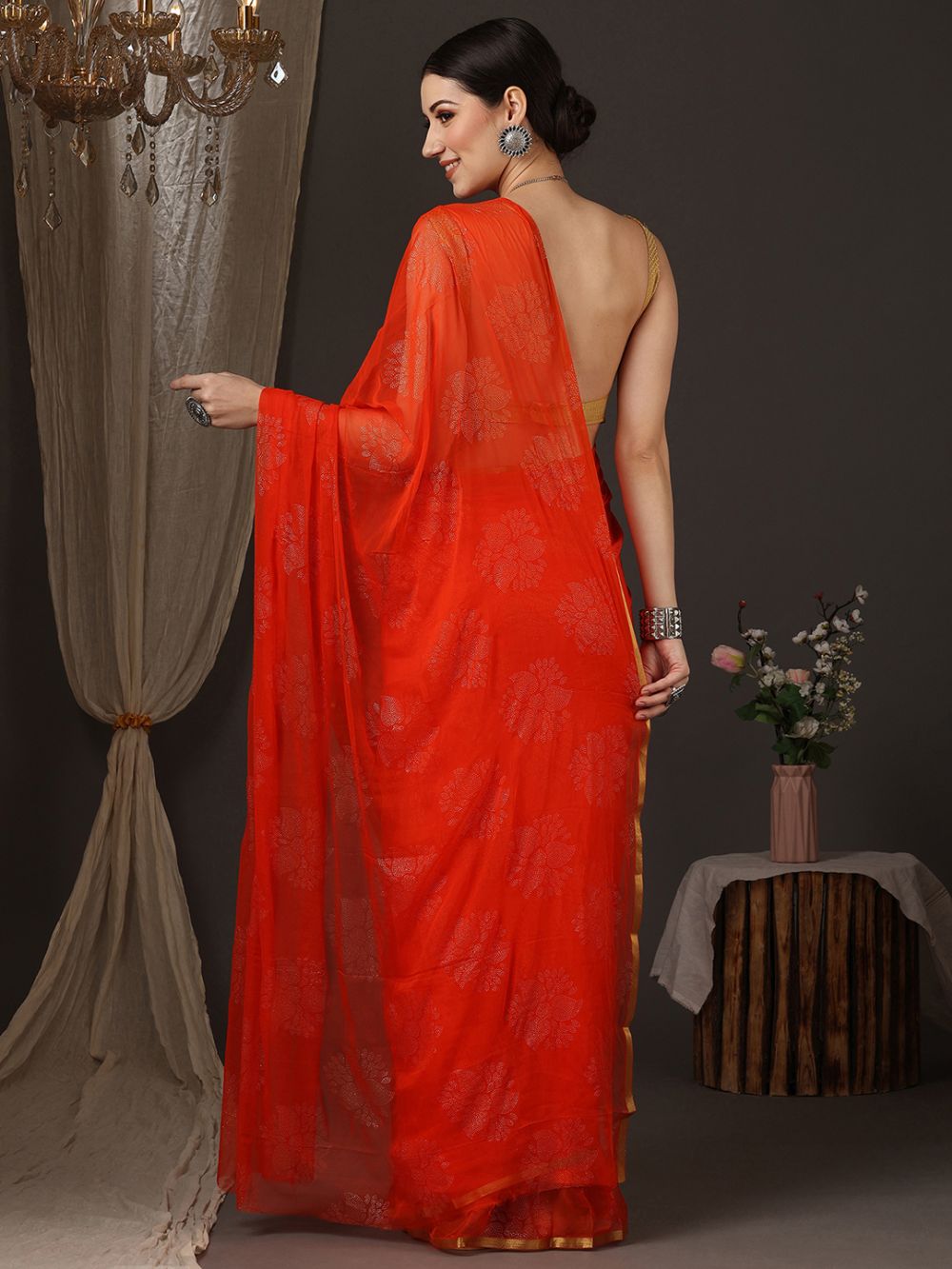 Dolly Orange Chiffon Lace One Minute Saree