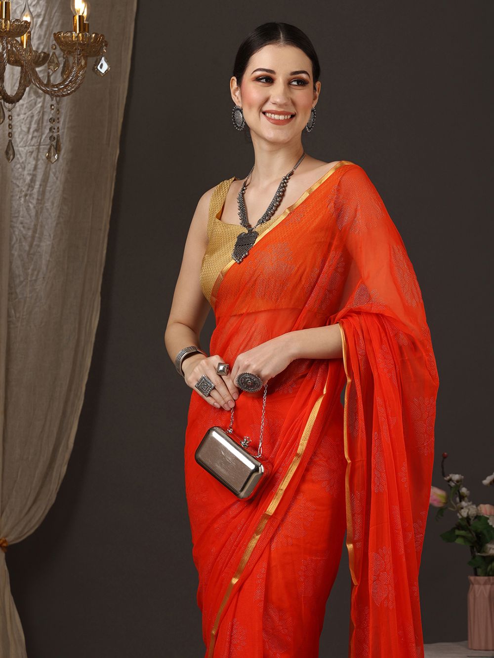 Dolly Orange Chiffon Lace One Minute Saree