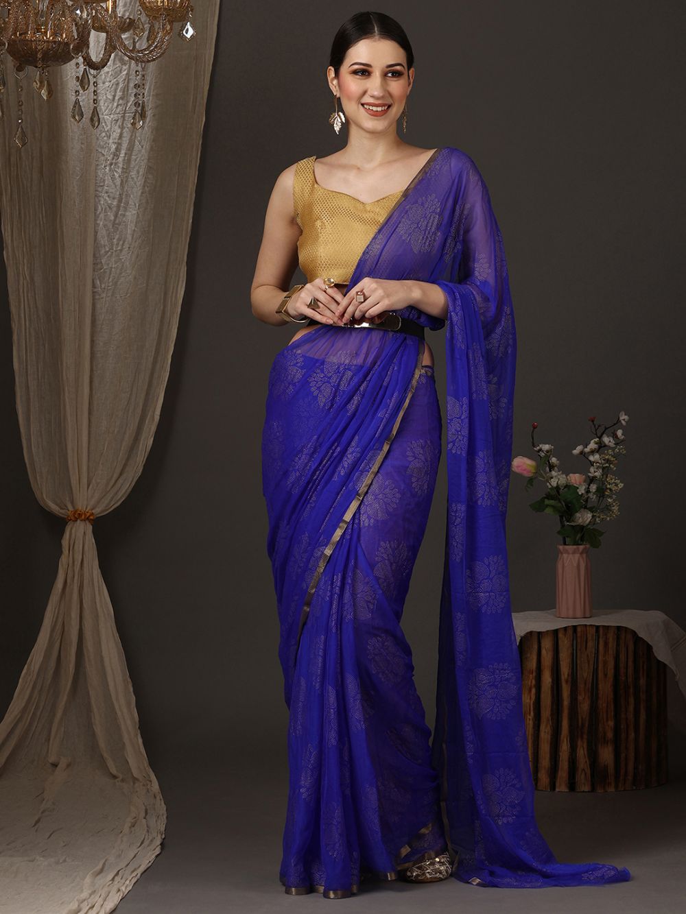 Dolly Blue Chiffon Lace One Minute Saree