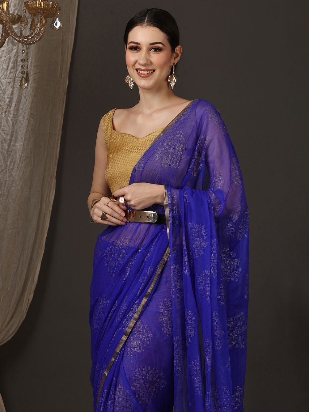 Dolly Blue Chiffon Lace One Minute Saree