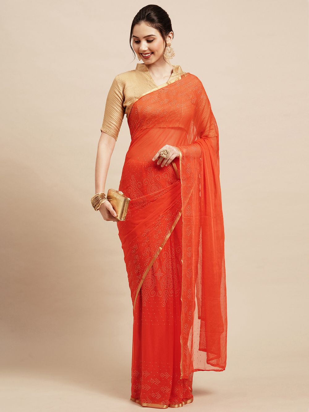 Deana Orange Chiffon Lace One Minute Saree