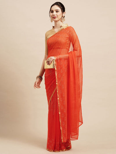 Deana Orange Chiffon Lace One Minute Saree