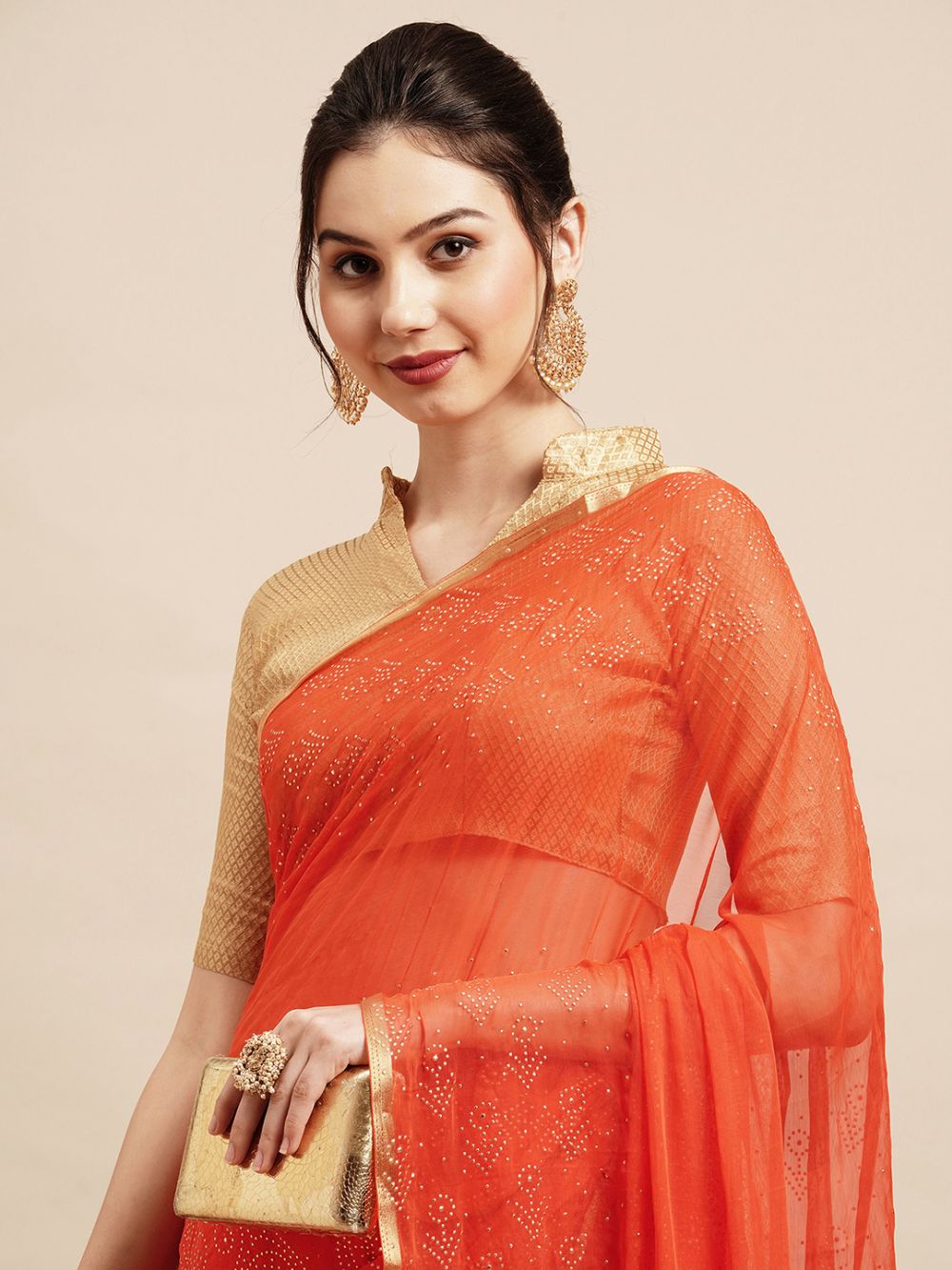 Deana Orange Chiffon Lace One Minute Saree