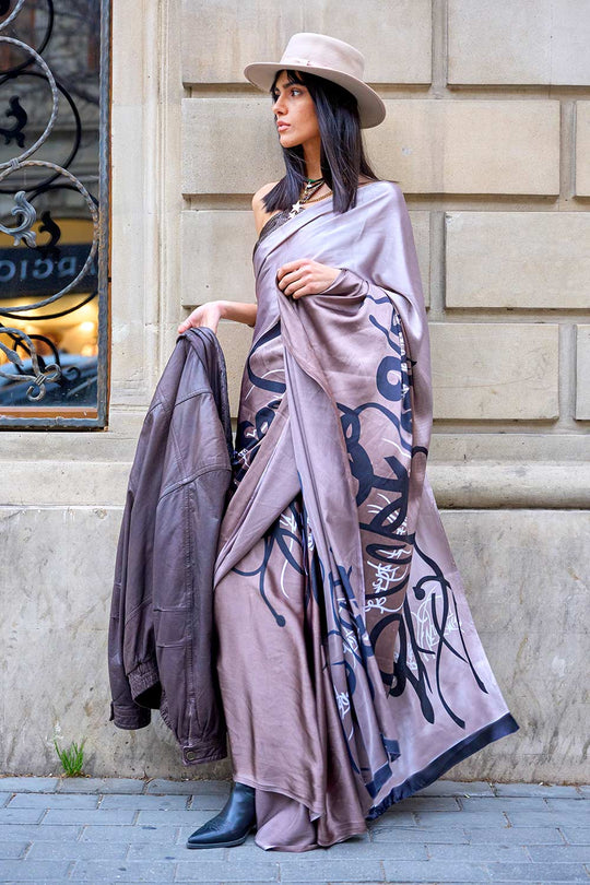 Hema Grey Satin Printed One Minute Saree