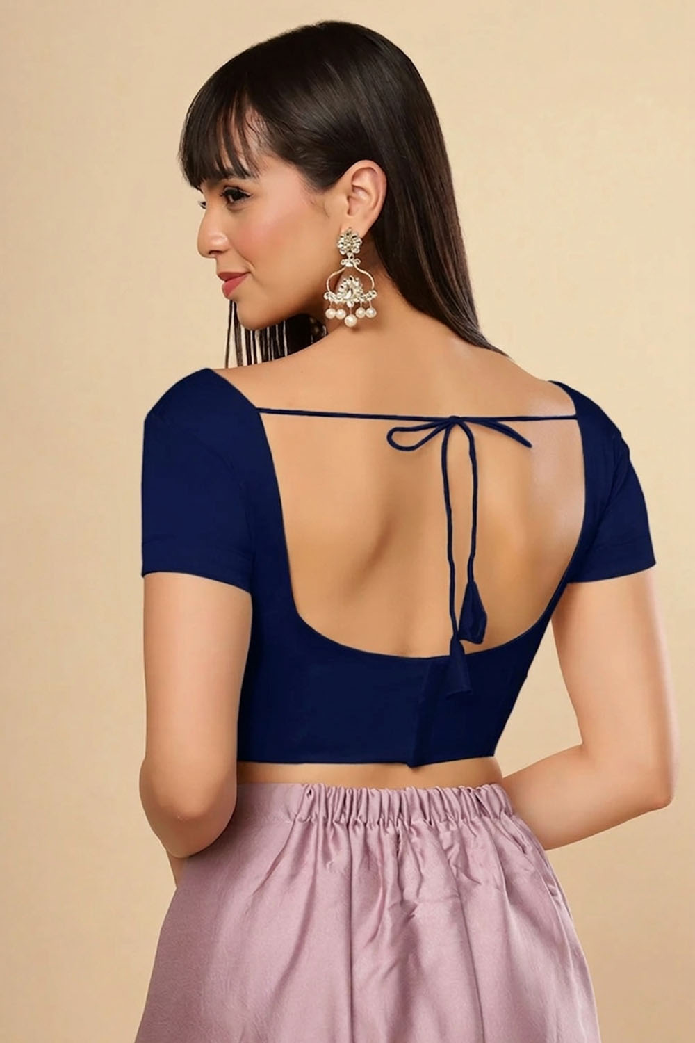 Deira Dark Blue Satin Comfort Stretchƒ?› Sweetheart Neck Short Sleeve Saree Blouse