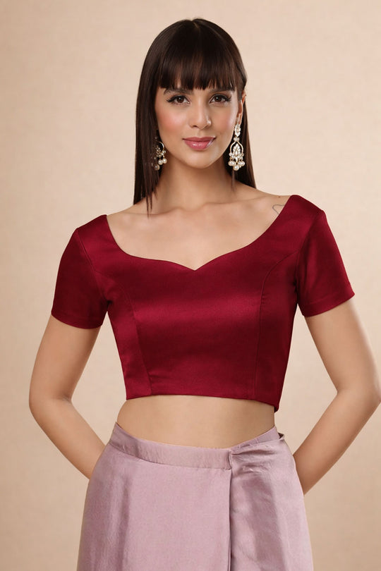 Deira Red Satin Comfort Stretchƒ?› Sweetheart Neck Short Sleeve Saree Blouse