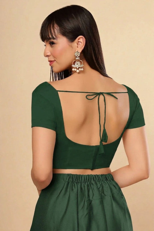 Deira Bottle Green Satin Comfort Stretchƒ?› Sweetheart Neck Short Sleeve Saree Blouse
