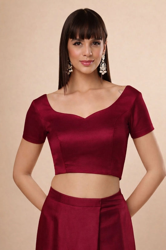Deira Magenta Satin Comfort Stretchƒ?› Sweetheart Neck Short Sleeve Saree Blouse