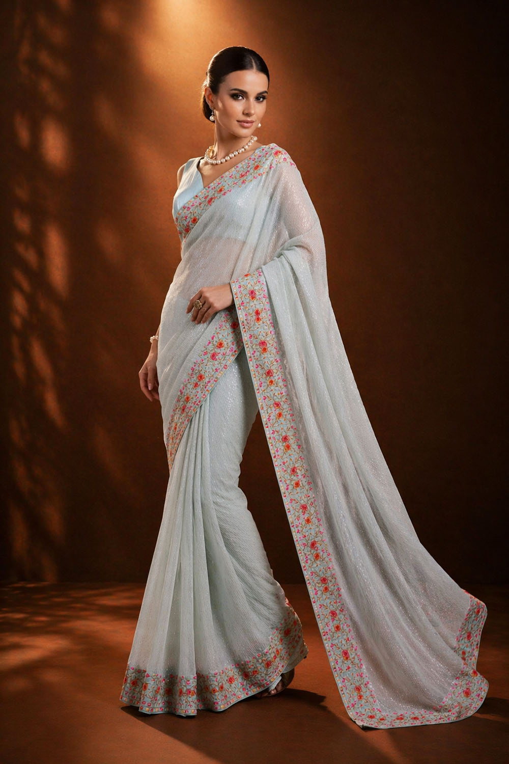 Sula Sky Blue Designer Sequin Embroidered Georgette Ready to Wear Saree