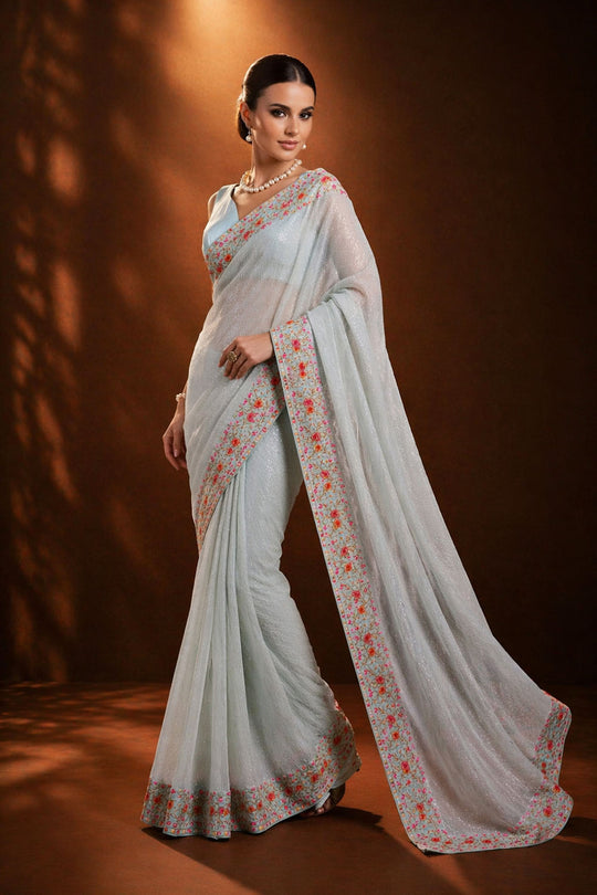 Sula Sky Blue Designer Sequin Embroidered Georgette Ready to Wear Saree