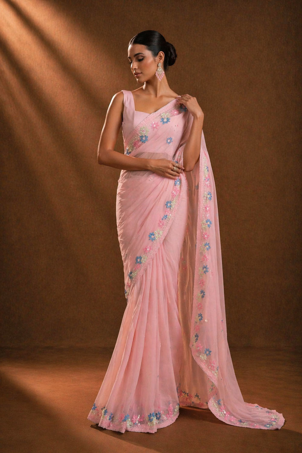 Peony Pink Designer Sequin Embroidered Georgette Ready to Wear Saree