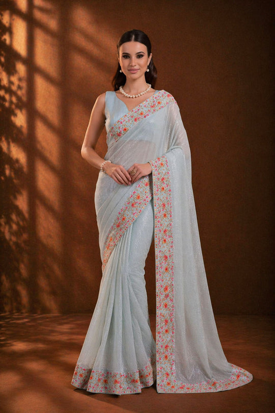 Sula Sky Blue Designer Sequin Embroidered Georgette Ready to Wear Saree