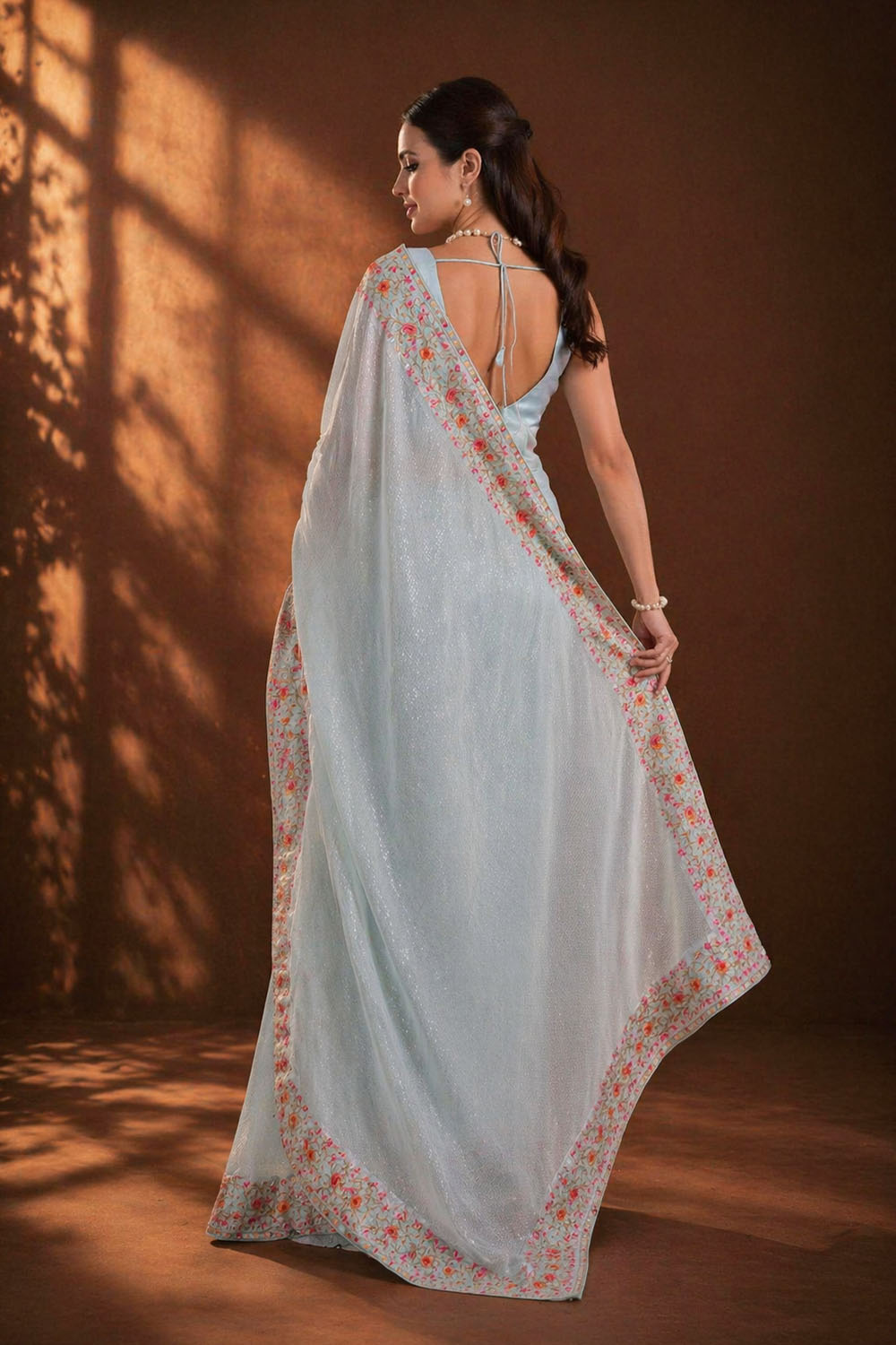 Sula Sky Blue Designer Sequin Embroidered Georgette Ready to Wear Saree