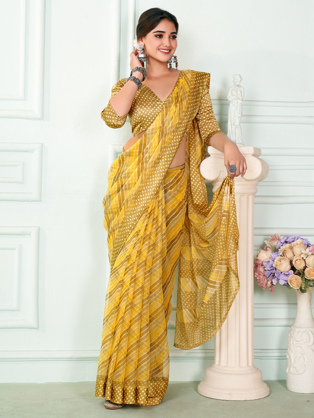 Florence Yellow Chiffon Printed One Minute Saree
