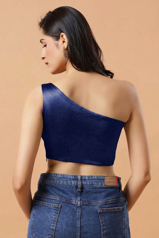Giana Dark Blue One Shoulder Satin Comfort Stretch Blouse