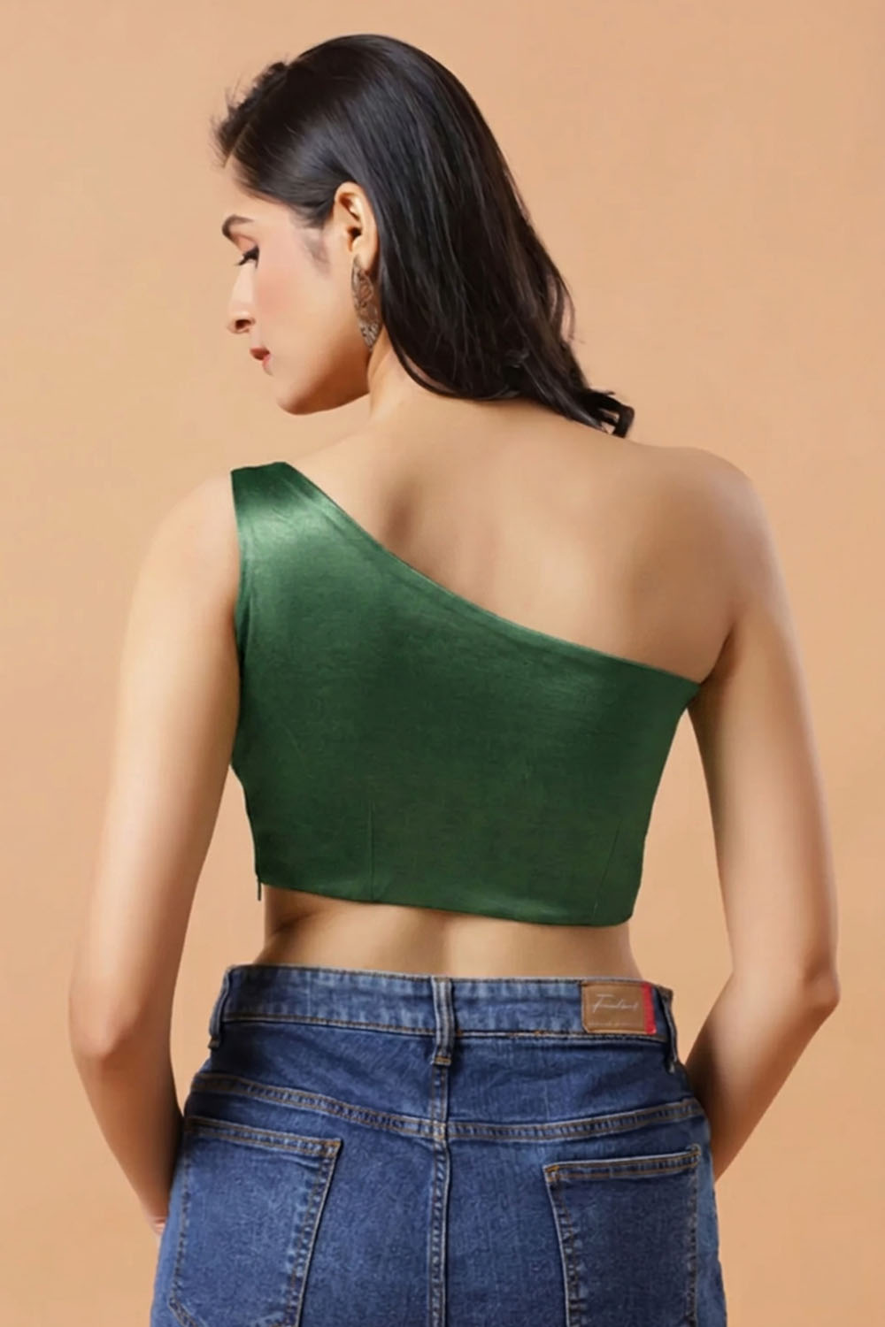 Giana Bottle Green One Shoulder Satin Comfort Stretch Blouse