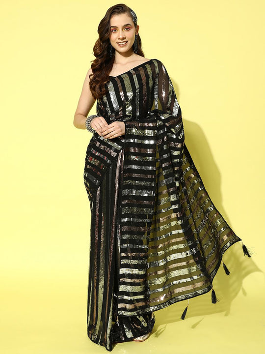 Briana Black & Gold Sequins on Georgette One Minute Saree