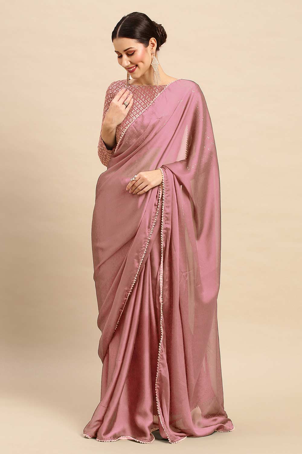 Sula Lavender Pink Georgette Party Wear Solid Saree