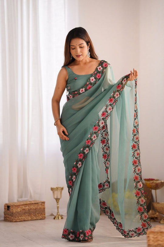 Lena Sage Green Tissue Saree with Floral Embroidered Border Ready to Wear One Minute Saree
