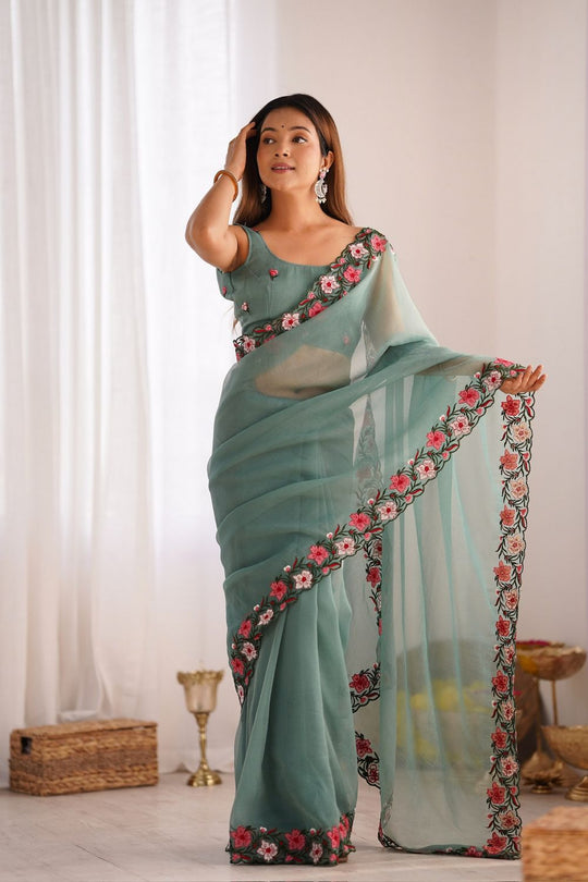 Lena Sage Green Tissue Saree with Floral Embroidered Border Ready to Wear One Minute Saree