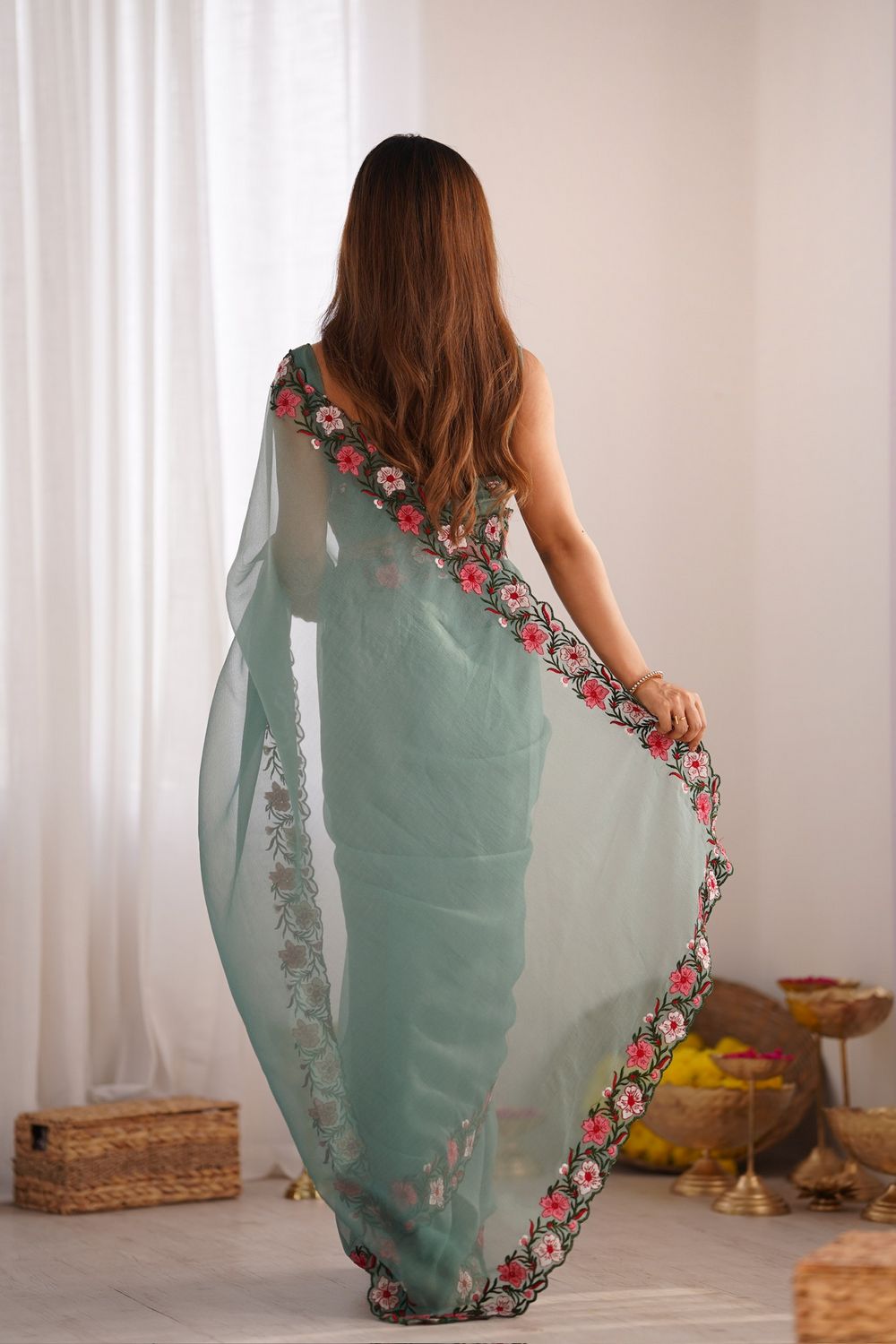 Lena Sage Green Tissue Saree with Floral Embroidered Border Ready to Wear One Minute Saree