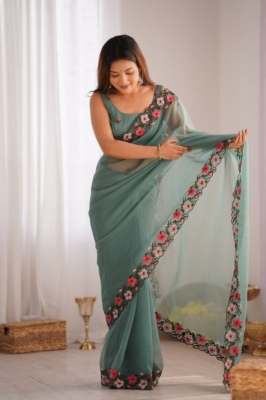 Lena Sage Green Tissue Saree with Floral Embroidered Border Ready to Wear One Minute Saree