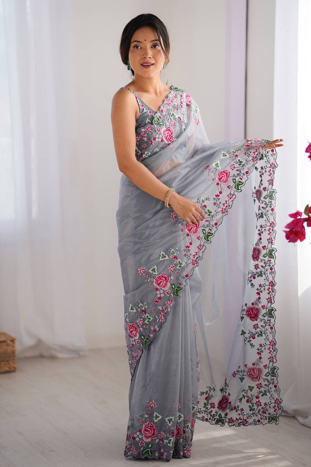 Trina Grey Twill Net Floral Embroidered Border Ready to Wear One Minute Saree