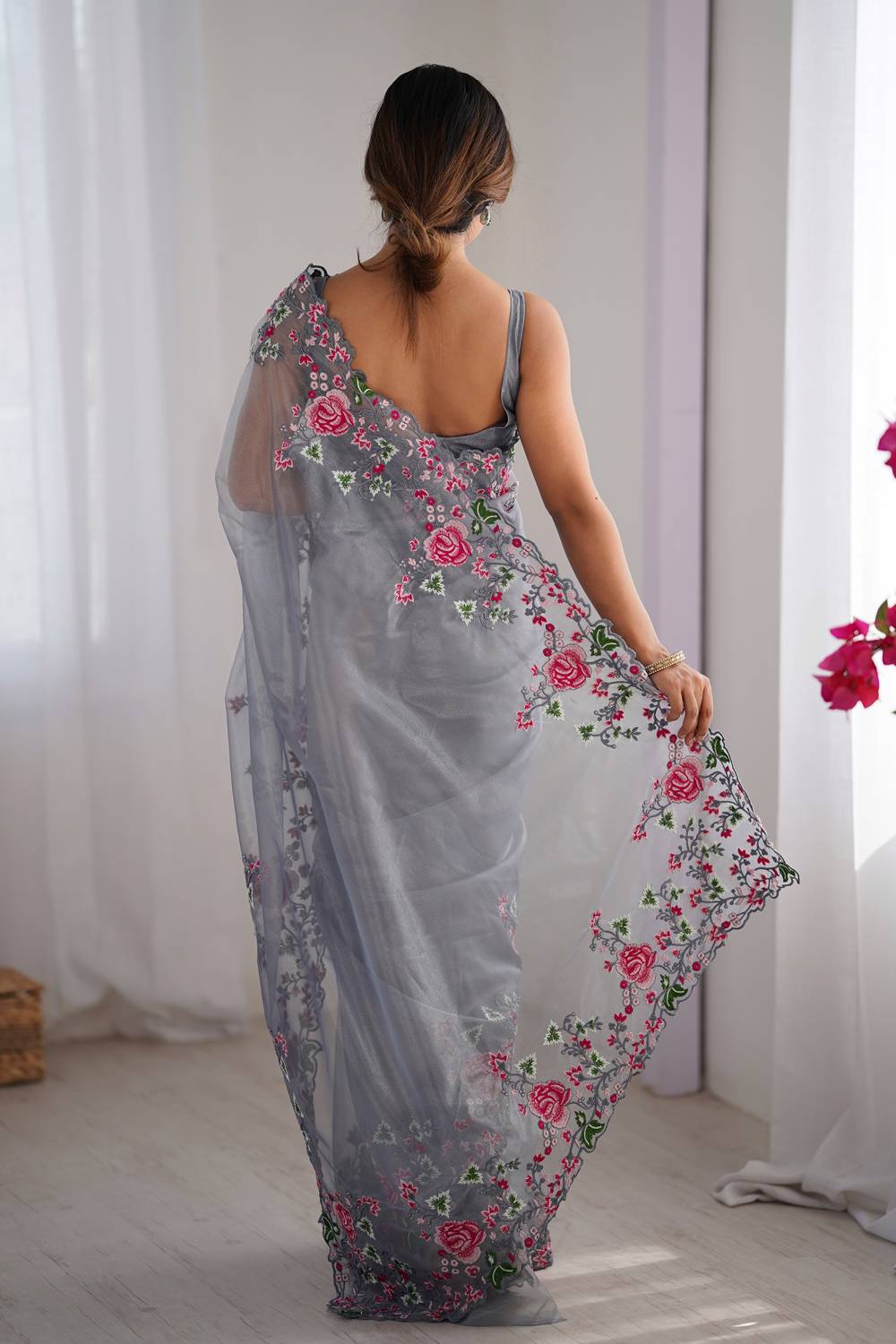 Trina Grey Twill Net Floral Embroidered Border Ready to Wear One Minute Saree