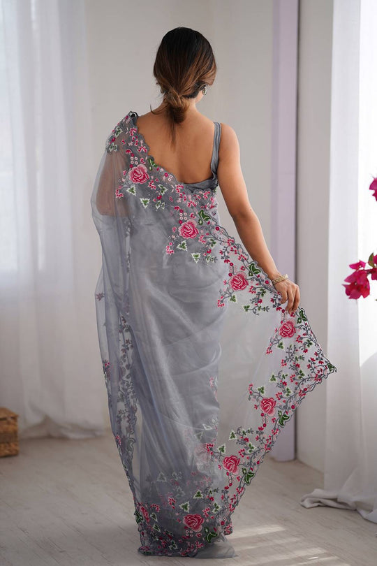 Trina Grey Twill Net Floral Embroidered Border Ready to Wear One Minute Saree