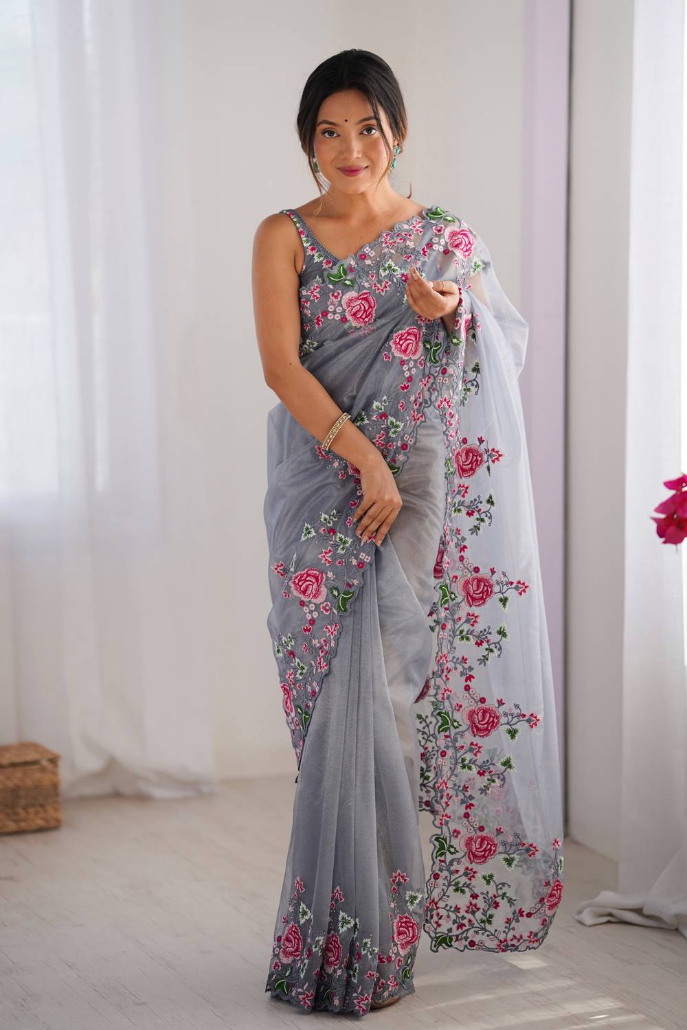 Trina Grey Twill Net Floral Embroidered Border Ready to Wear One Minute Saree