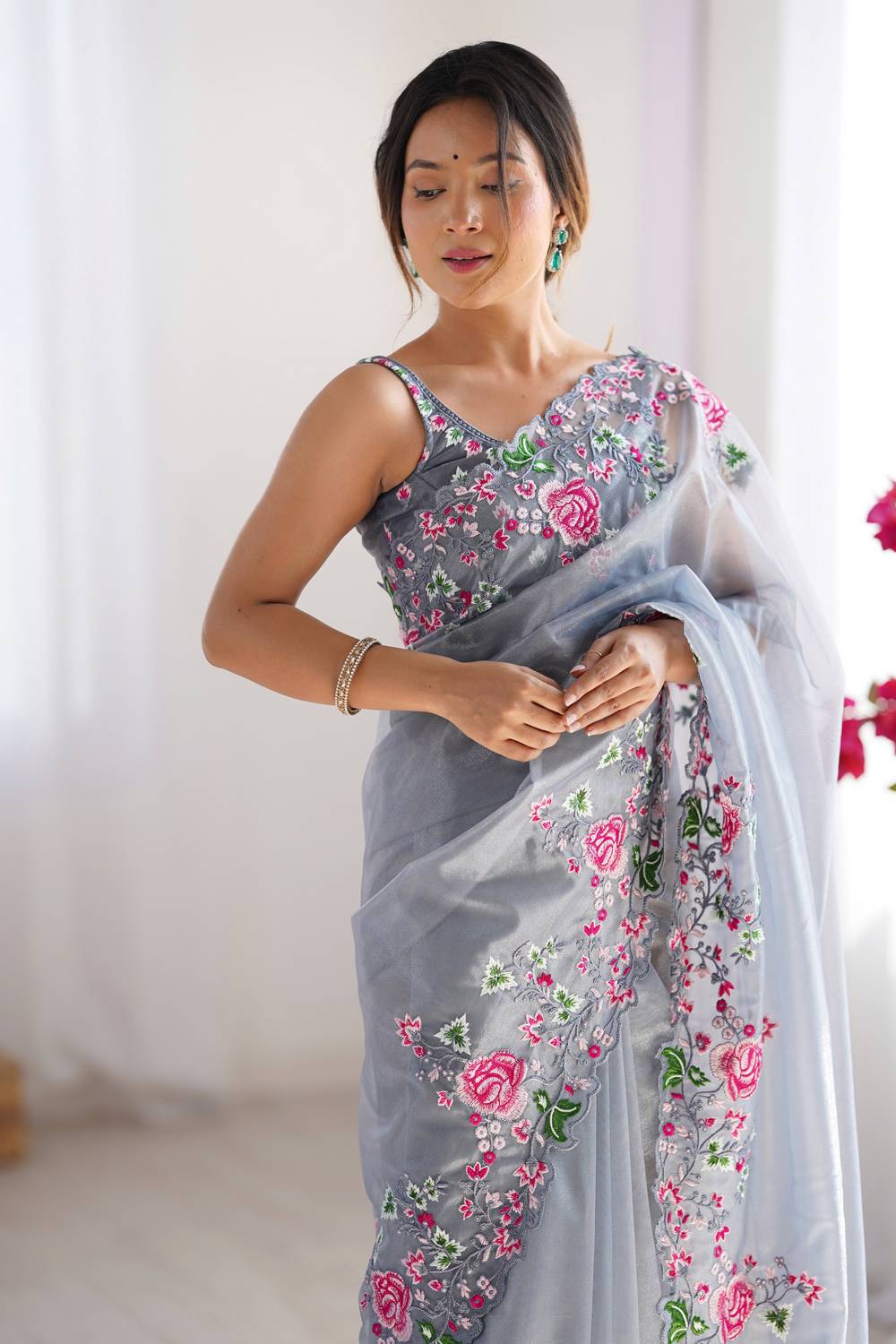 Trina Grey Twill Net Floral Embroidered Border Ready to Wear One Minute Saree