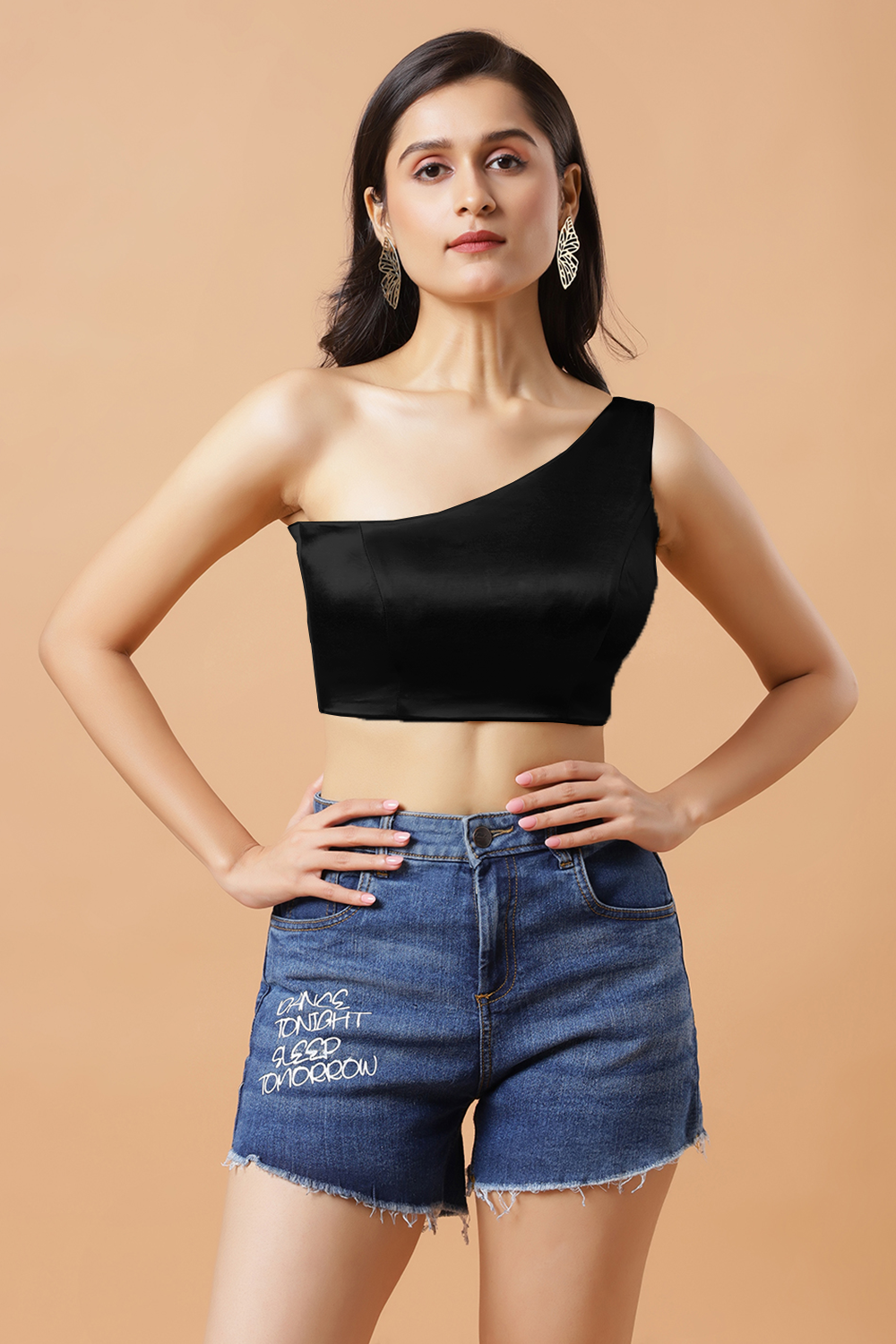 Giana Black One Shoulder Satin Stretch Blouse