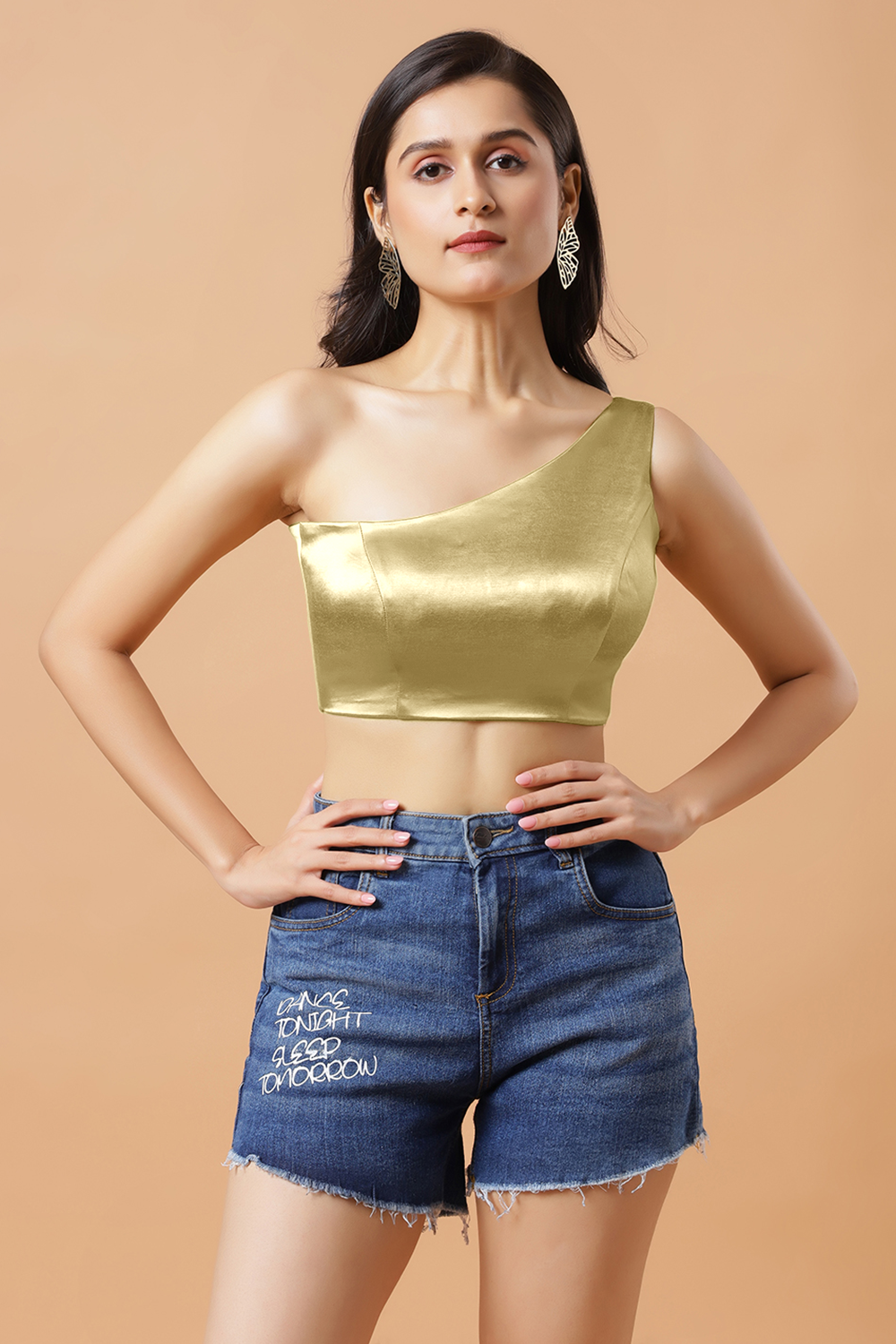 Giana Light Gold One Shoulder Satin Stretch Blouse
