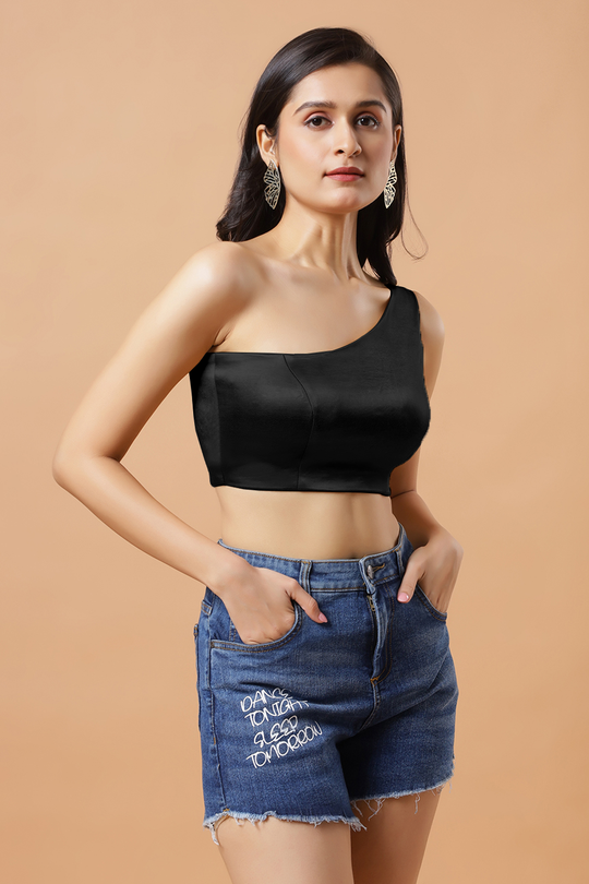 Giana Black One Shoulder Satin Stretch Blouse
