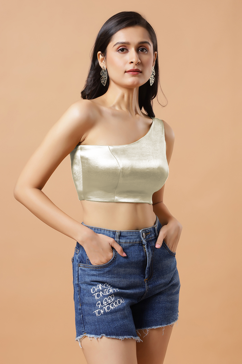 Giana Cream One Shoulder Satin Stretch Blouse