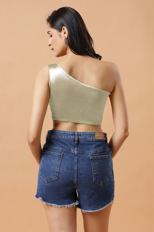 Giana Cream One Shoulder Satin Stretch Blouse