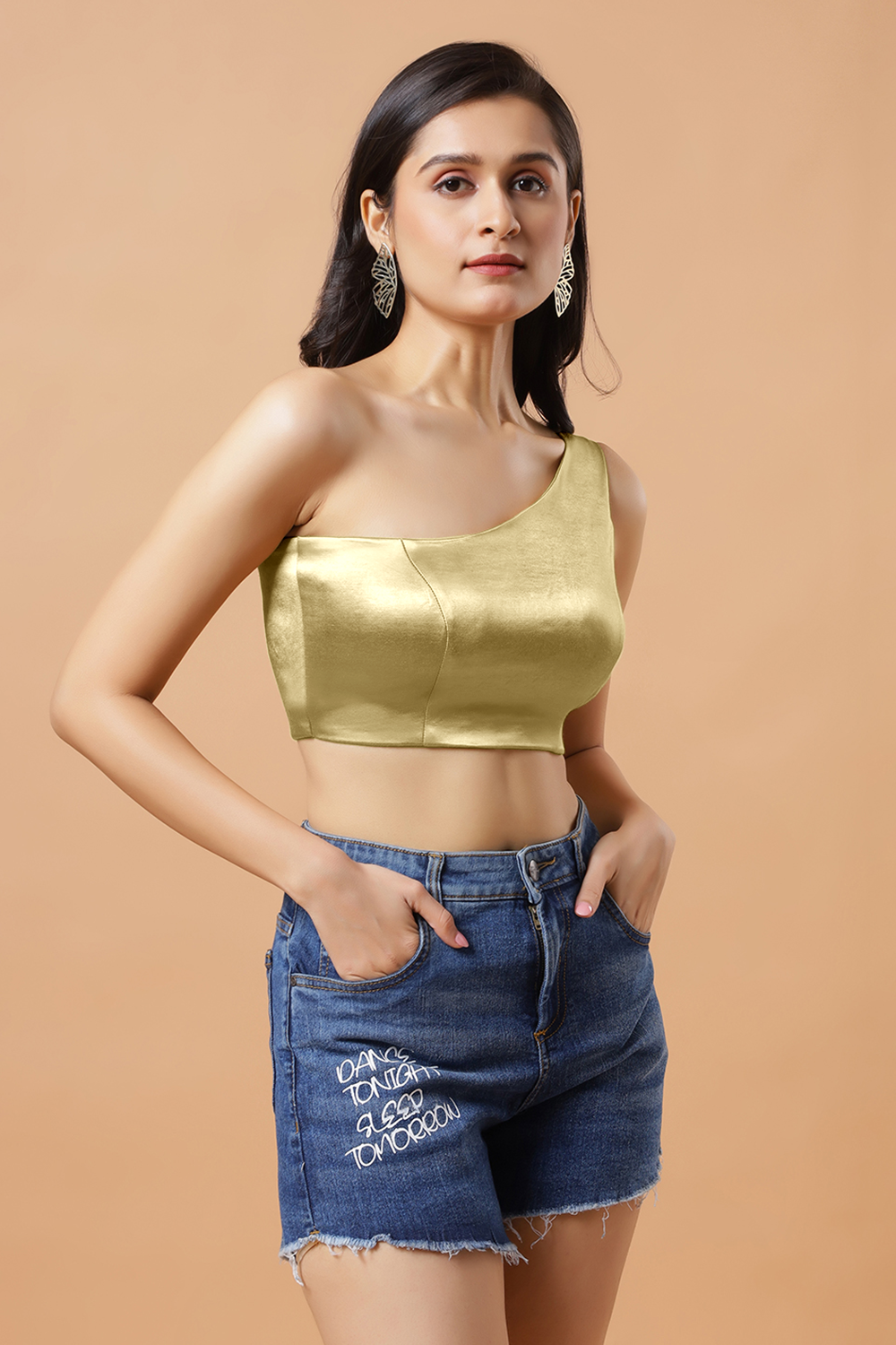 Giana Light Gold One Shoulder Satin Stretch Blouse