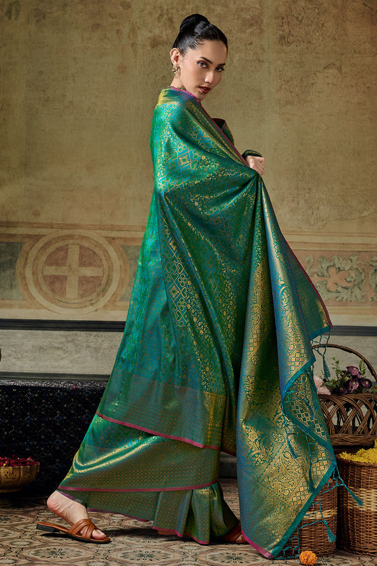 Azalea Teal Green Handloom Silk Zari Woven Designer Ready to Wear Saree