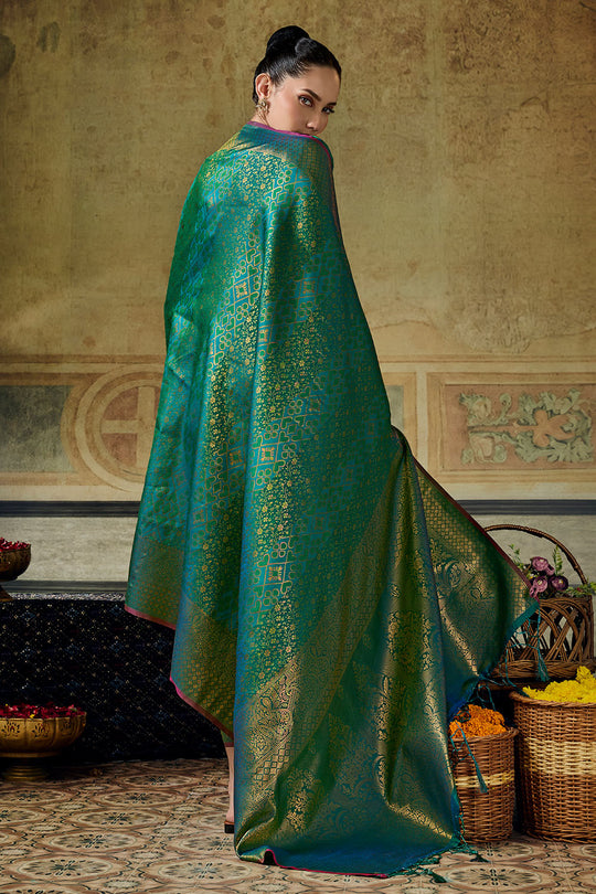 Azalea Teal Green Handloom Silk Zari Woven Designer Ready to Wear Saree