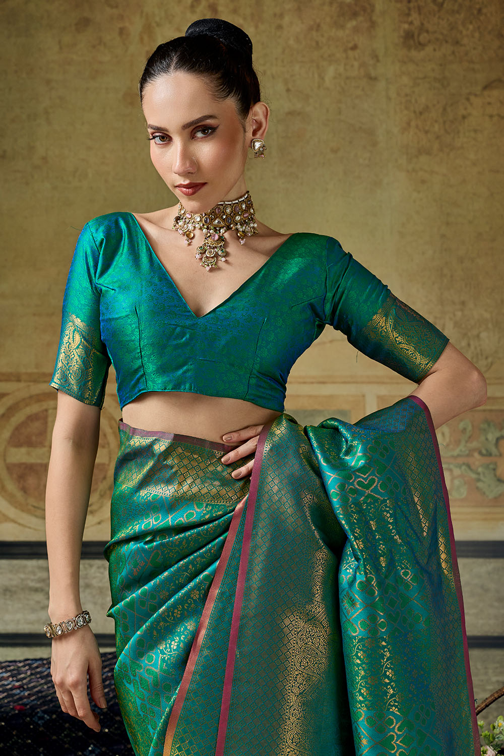 Azalea Teal Green Handloom Silk Zari Woven Designer Ready to Wear Saree