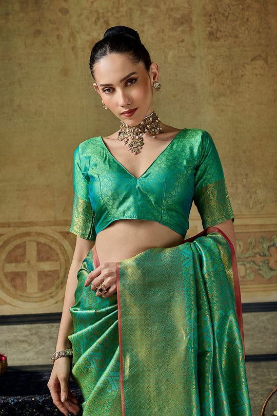 Azalea Sea Green Handloom Silk Zari Woven Designer Ready to Wear Saree
