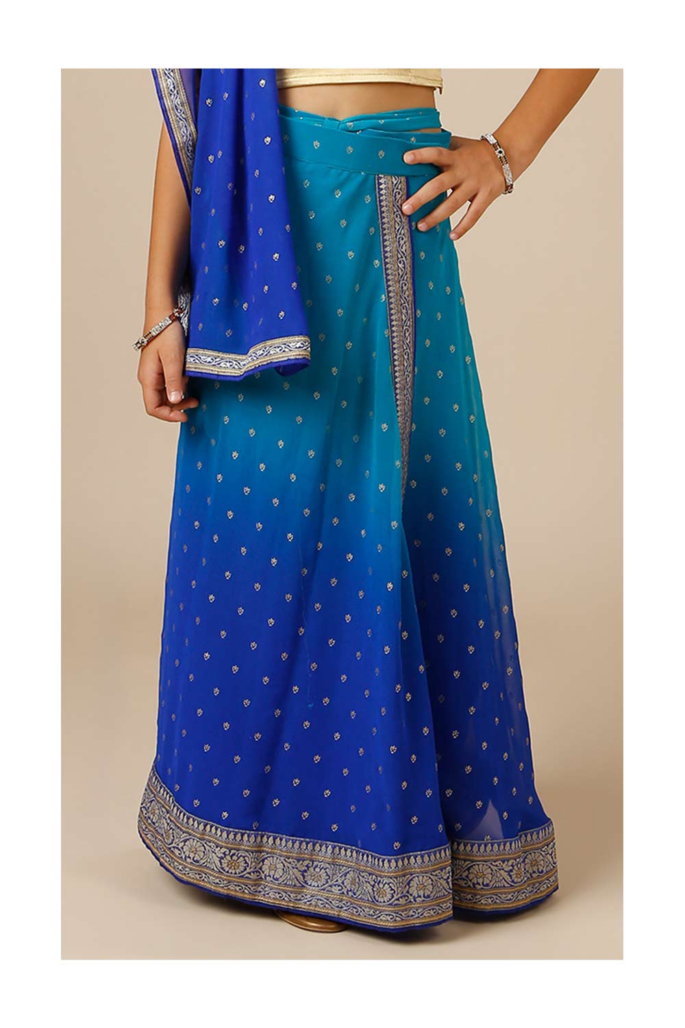 Celia Teal & Blue Georgette Wrap Around Saree Skirt with Dupatta for Kids & Tweens