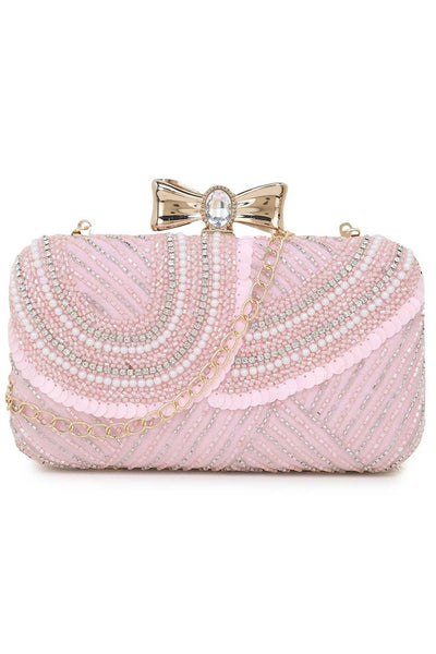 Designer Baby Pink & White Bead & Diamond Clutch