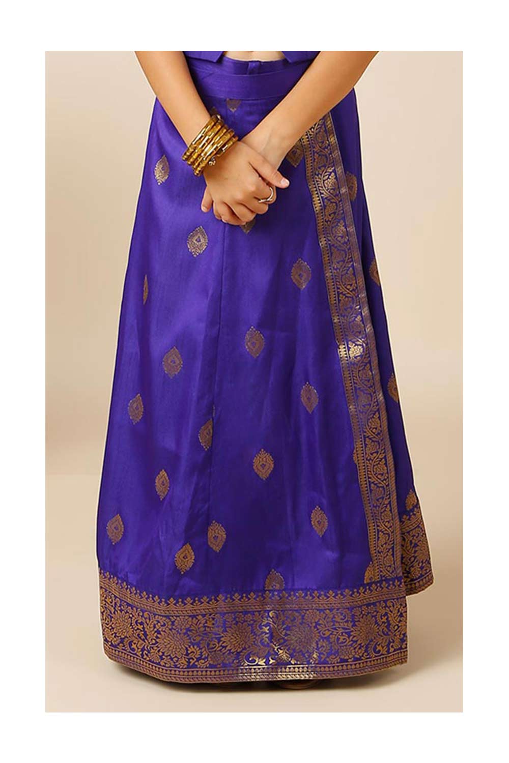 Afra Navy Blue Moss Weave Silk Wrap Around Saree Skirt for Kids & Tweens