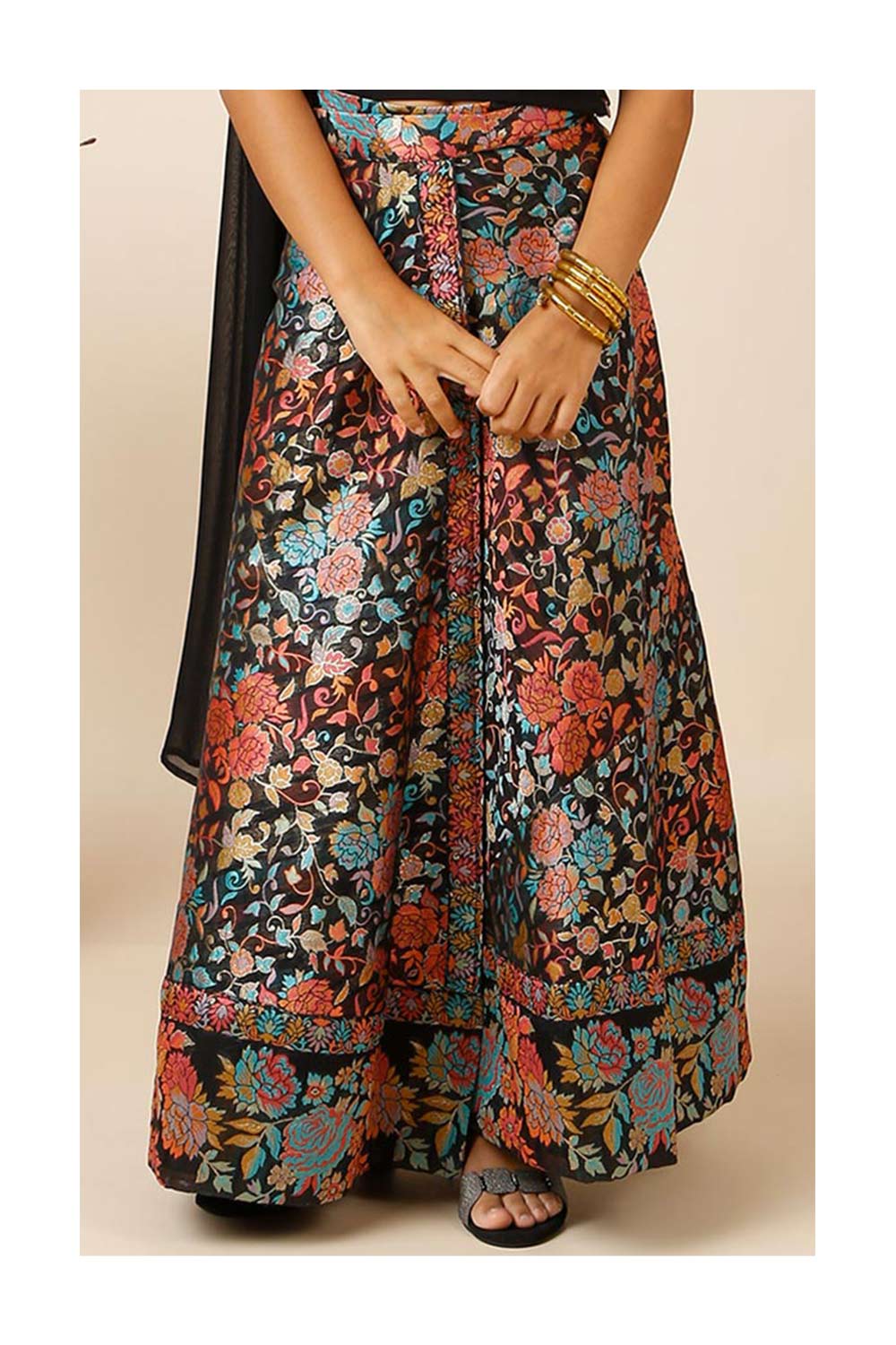 Therese Black Art Silk Floral Wrap Around Saree Skirt  For Kids & Tweens