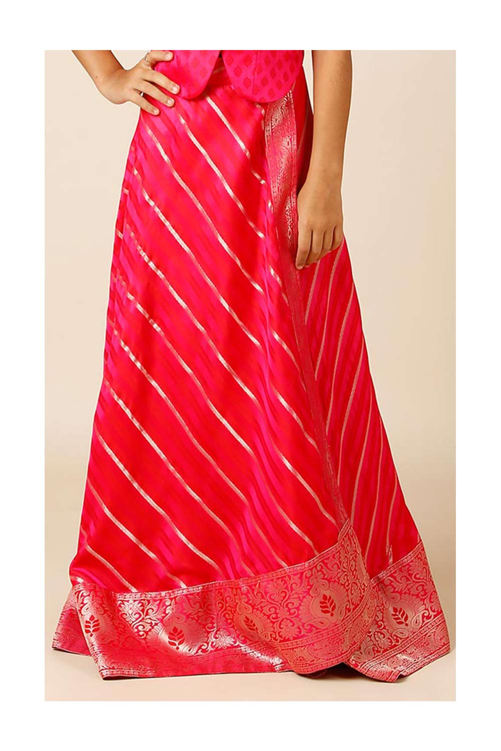 Zaira Pink Art Silk Leheriya Wrap Around Ethnic Saree Skirt For Kids & Tweens