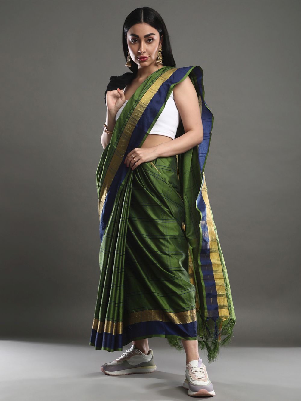 Jiya Green Cotton Blend Printed One Minute Saree